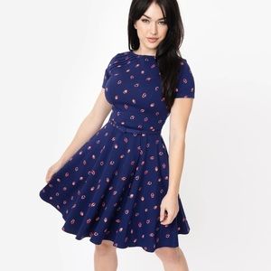 Unique Vintage Navy Ladybug Short Sleeve Stephanie Fit & Flare Dress
